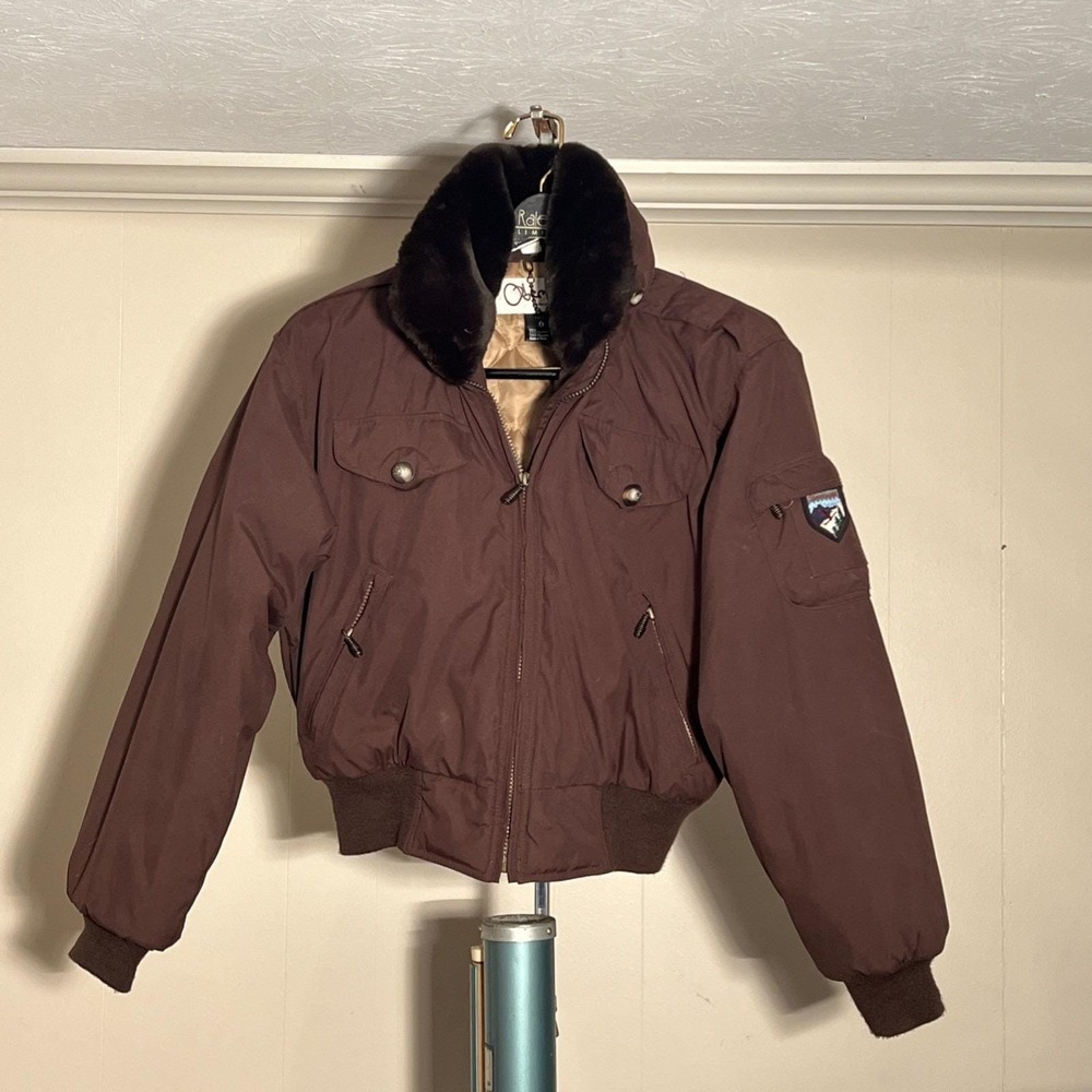 Vtg Obermeyer Bomber Jacket Sz 6 Brown Hooded Insulated Ski Snow Faux Fur Trim